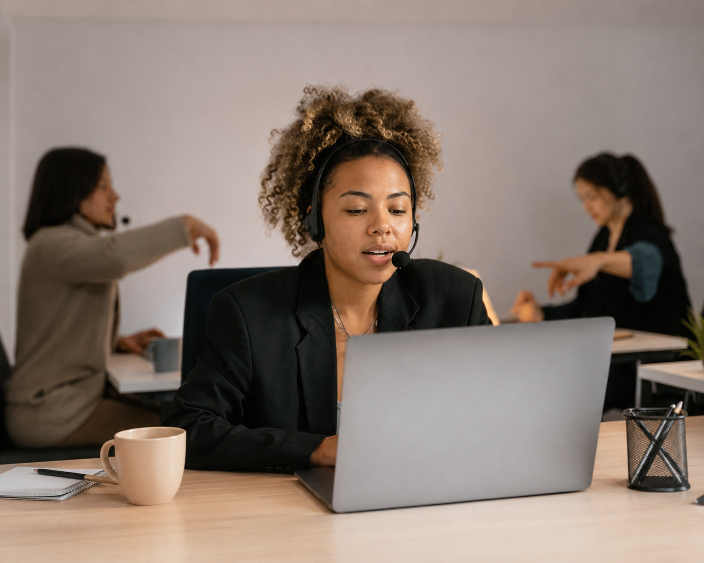 Consultant taking a call at a design desk
